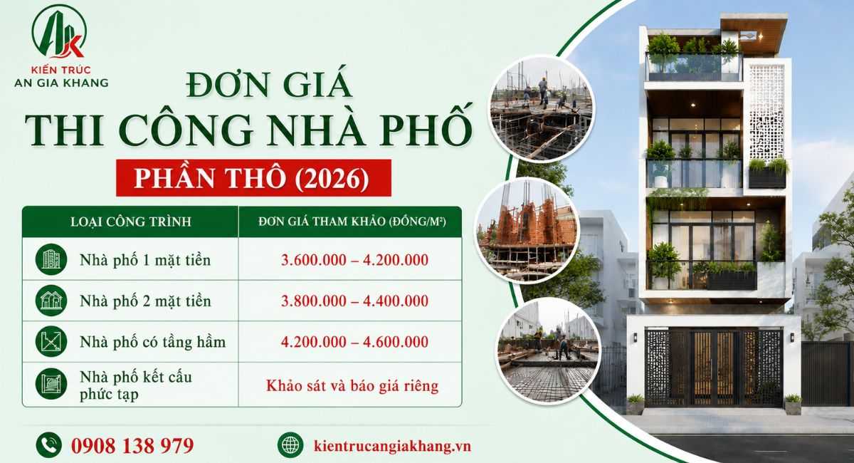Đơn giá thi công nhà phố phần thô (2026)