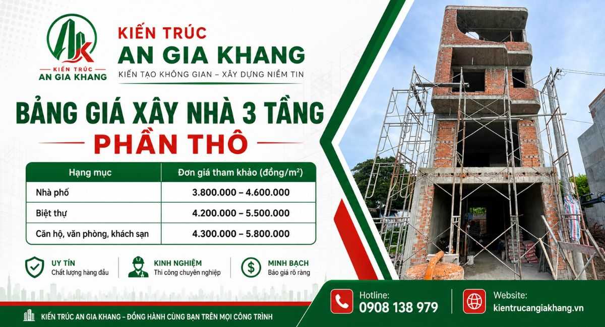 Bảng giá xây nhà 3 tầng phần thô (2026)