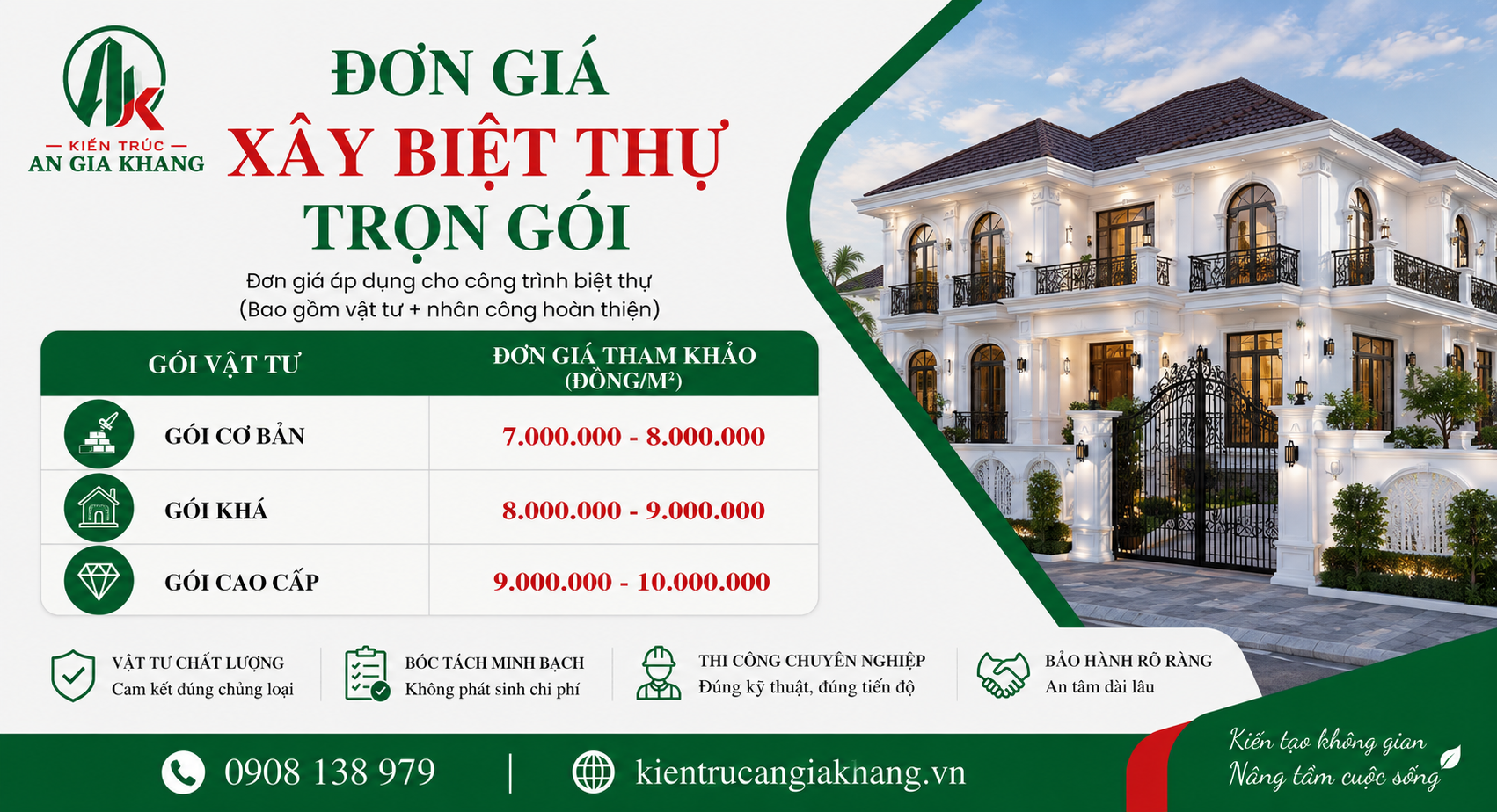 Đơn giá xây biệt thự trọn gói 2026