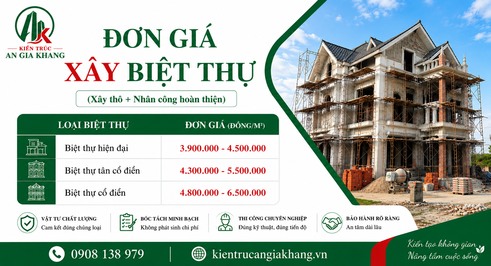 Đơn giá xây Biệt thự 2026 (Xây thô và Nhân công hoàn thiện) 