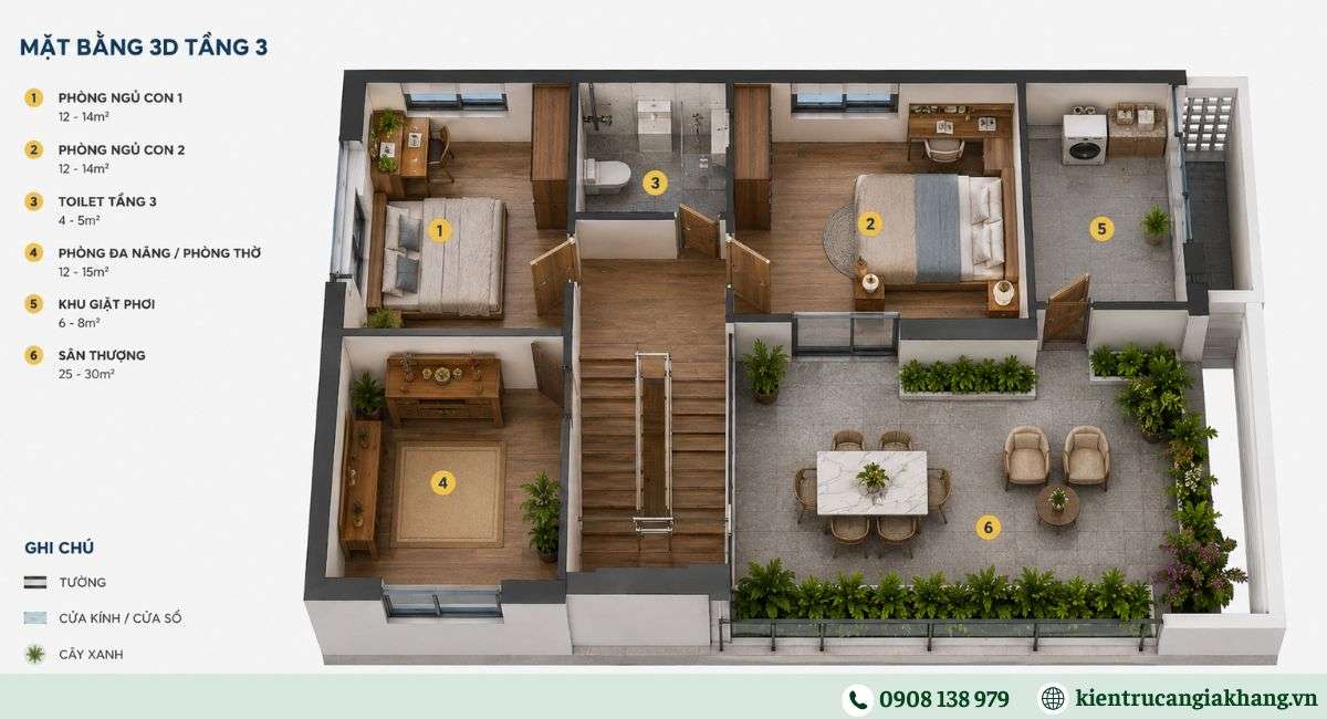 Gợi ý bản vẽ bố trí công năng cho nhà 3 tầng