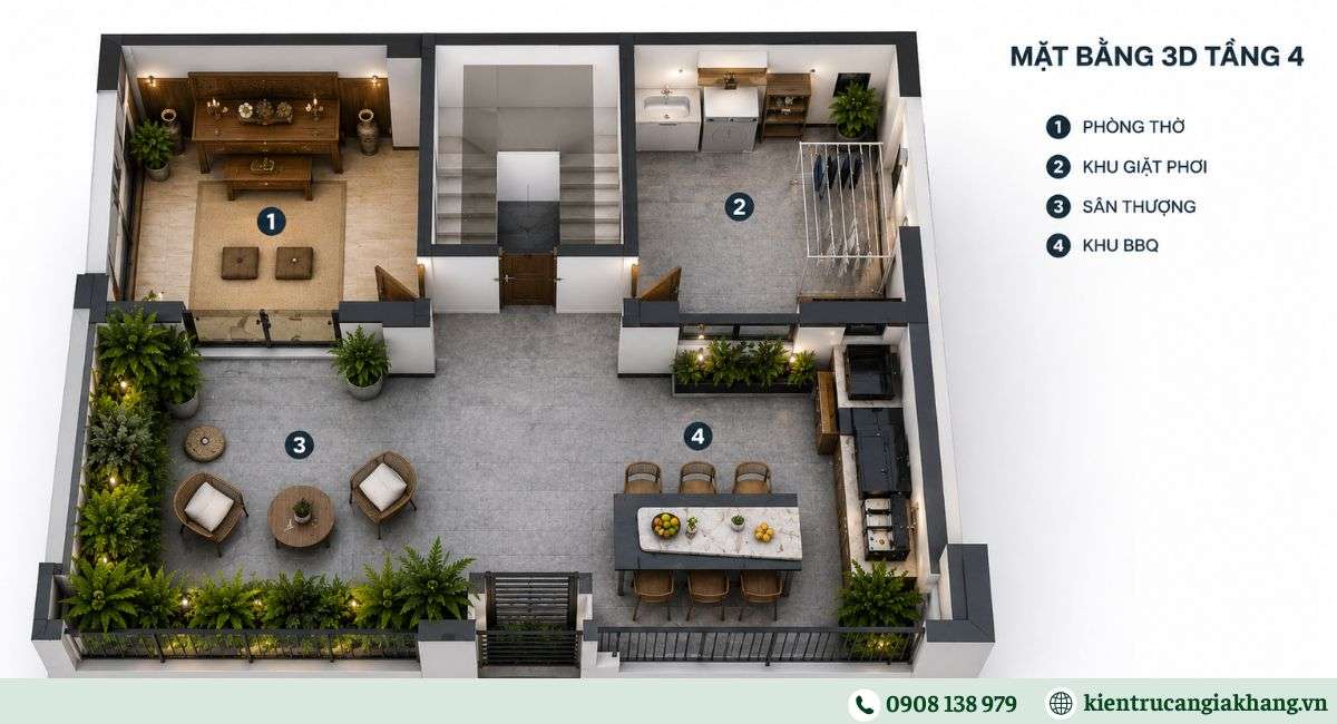 Cách bố trí công năng nhà phố 4 tầng