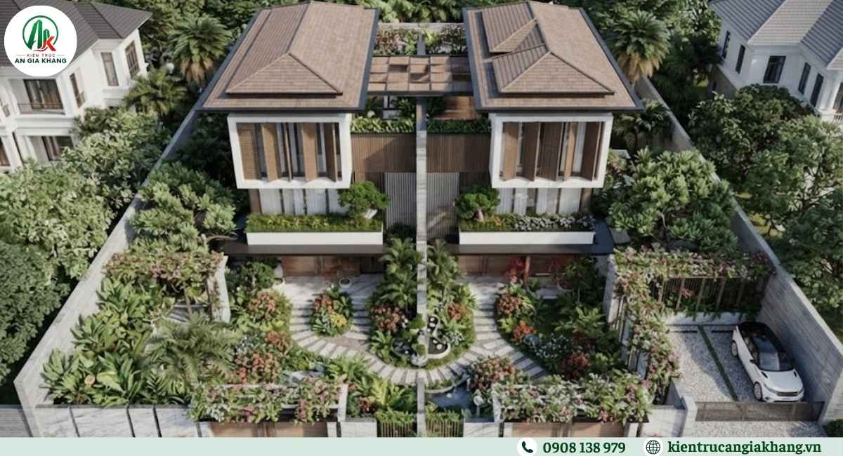 Mẫu biệt thự song lập có sân vườn