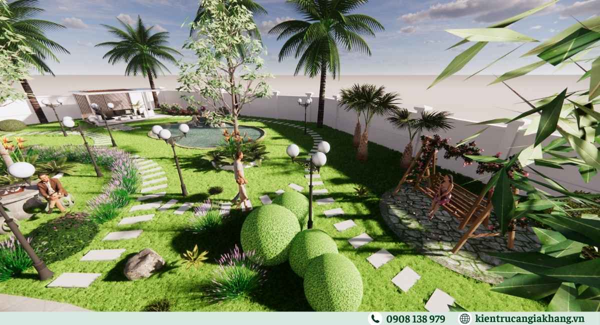 Bố cục cảnh quan sân vườn, tiểu cảnh và hồ cá cho biệt thự vườn
