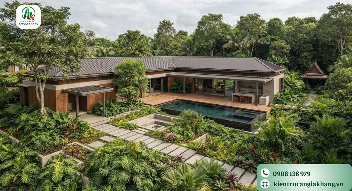 Mẫu nhà vườn 1 tầng chữ L
