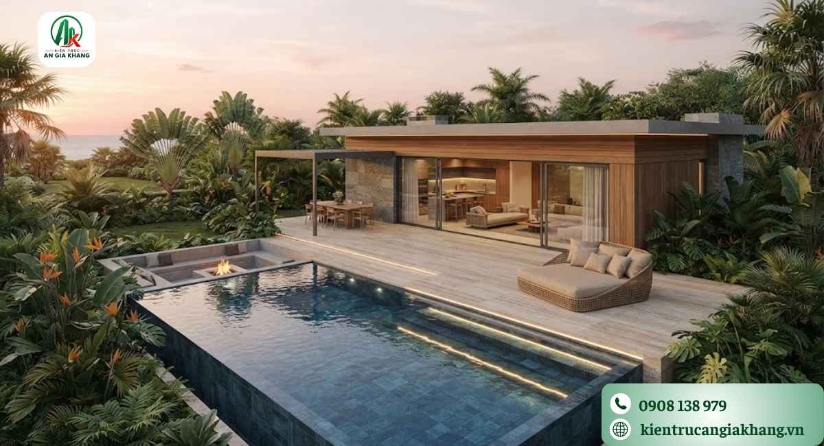 Mẫu nhà vườn 1 tầng có hồ bơi