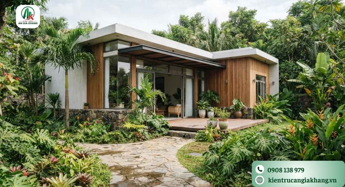 Thiết kế nhà vườn 1 tầng với sân vườn rộng và không gian sống xanh