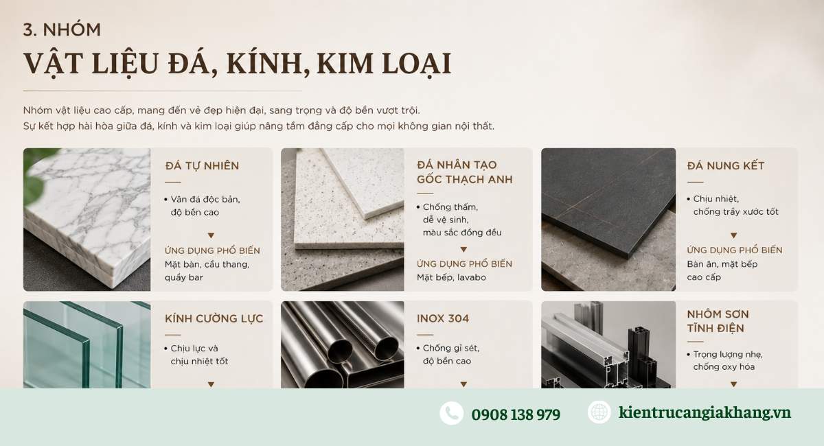 Nhóm vật liệu đá, kính, kim loại