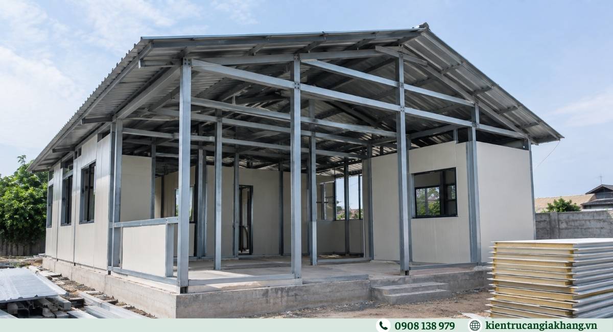 Cấu tạo nhà tiền chế với khung thép, mái tôn và vách panel